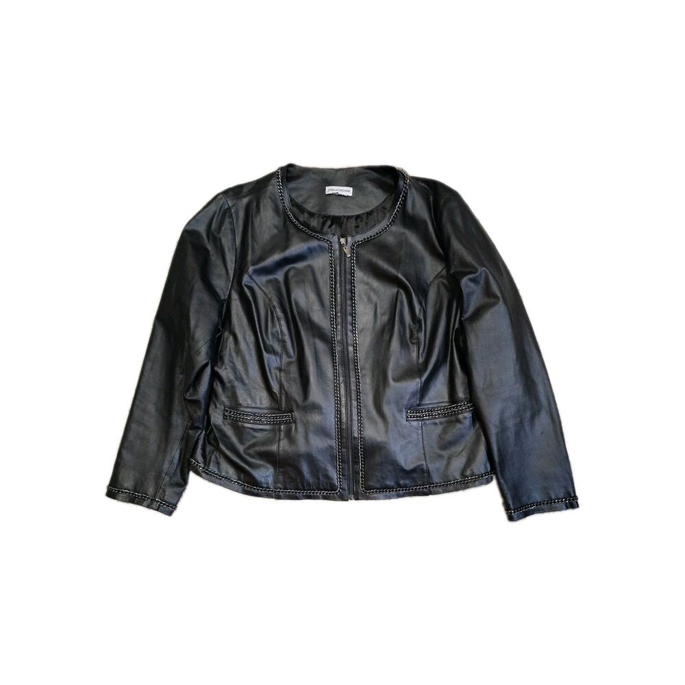 Jessica London Black Leather Jacket Chain Trim Zip Front Collarless S / M 10/12